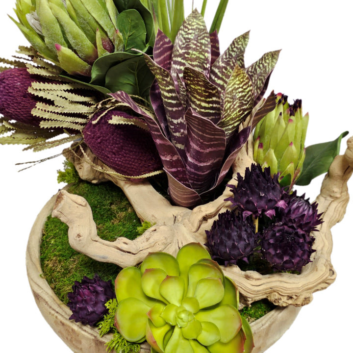 Queen Protea, Dried Banksia, Artichokes, Succulents and Moss in Bowl FH: 24"H