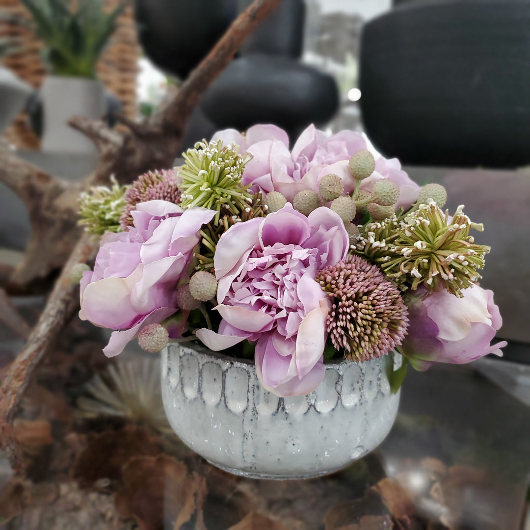 Peonies, Sedum, and Pom Poms in Ceramic. 9"H