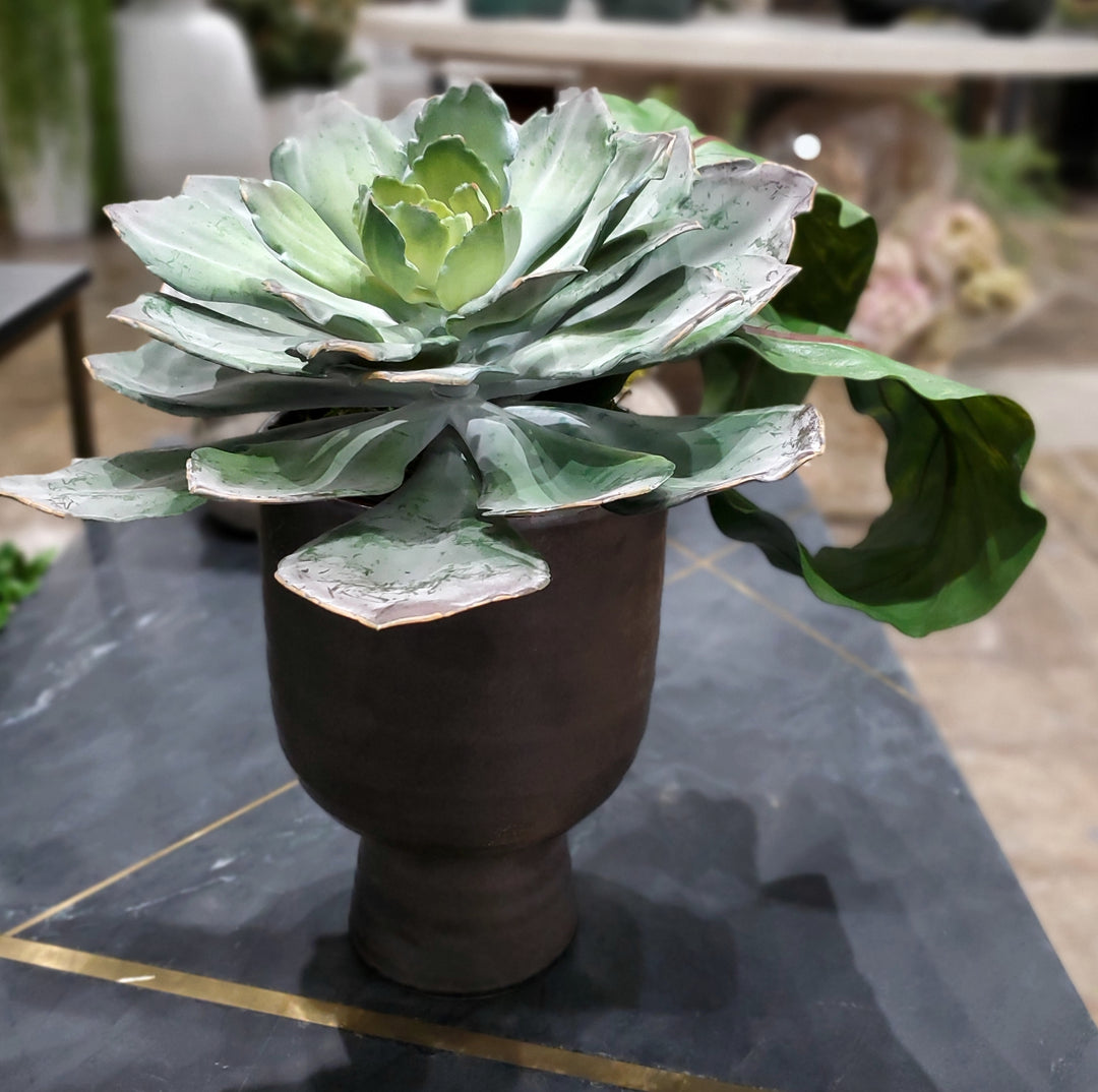 Large Succulent and Tropical Leaves in Vase. FH: 15"