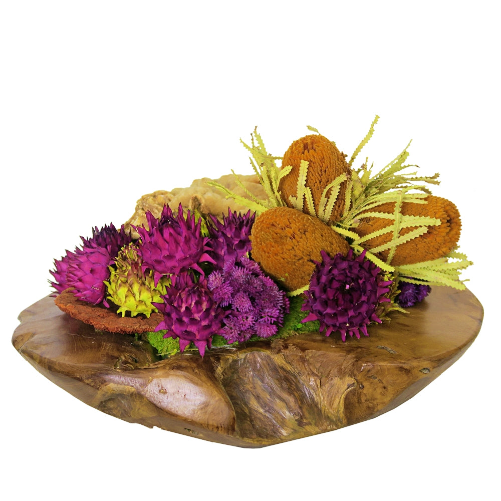 Dried Banksia, Violet Artichokes, Seed Clusters and Mushrooms in Bowl