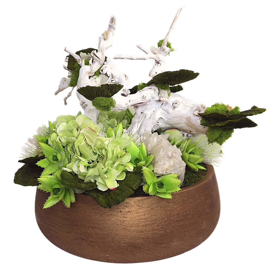 Hydrangeas, Aloe, Grapewood, and Crystal in Bowl