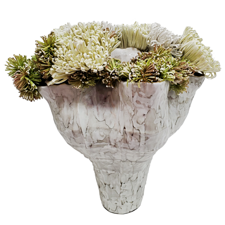 Foam Flowers with Large Geode in Vase