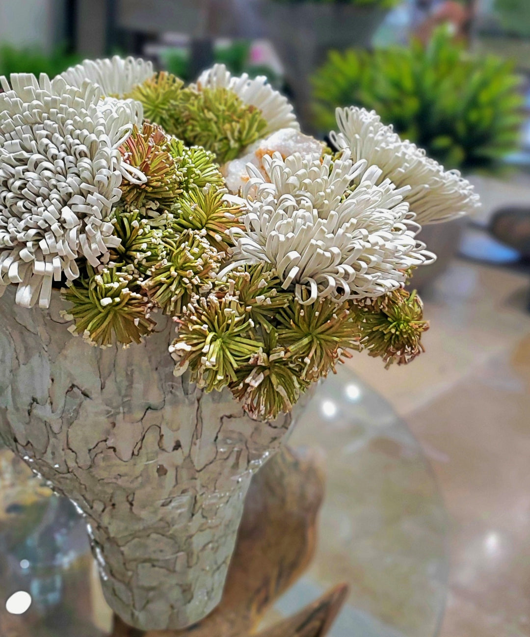 Foam Flowers with Large Geode in Vase