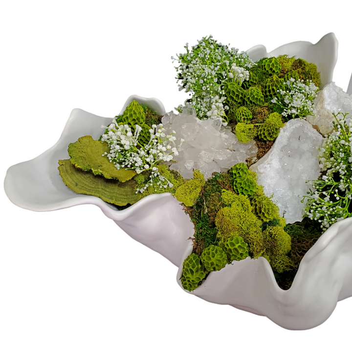 Natural Crystals and Geodes with Dried Pods and Mushrooms, Mosses and Baby's Breath in Bowl 15"H