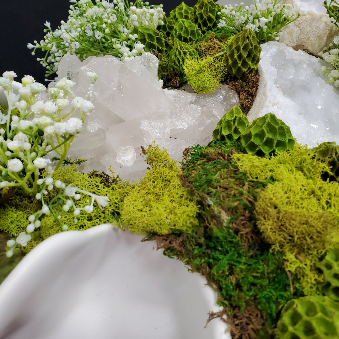 Natural Crystals and Geodes with Dried Pods and Mushrooms, Mosses and Baby's Breath in Bowl 15"H