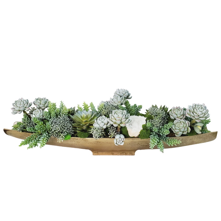 Mixed Succulents, Donkey Tails and Sedum with Natural Crystal in Tray 9"H