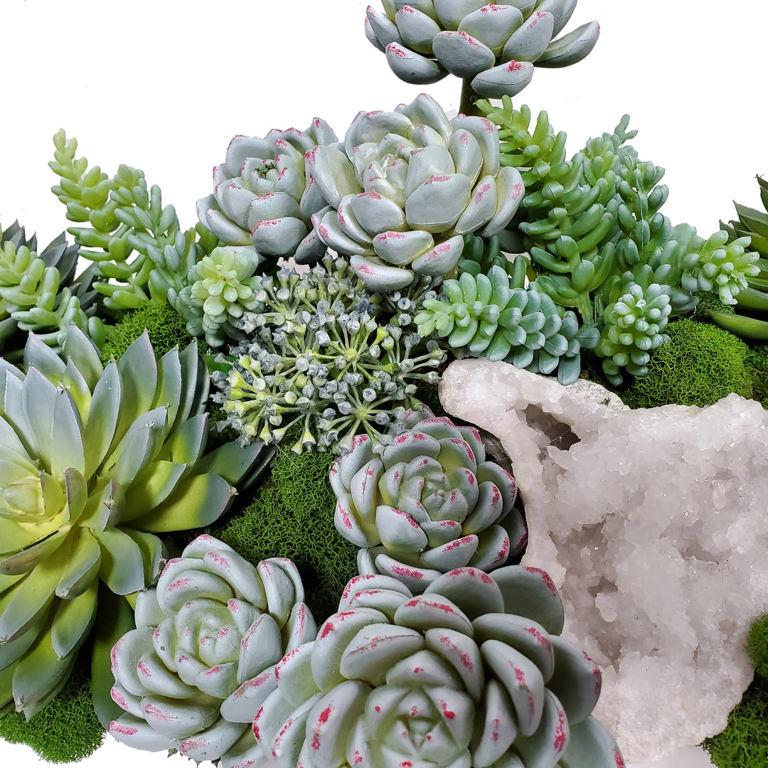 Mixed Succulents, Donkey Tails and Sedum with Natural Crystal in Tray 9"H