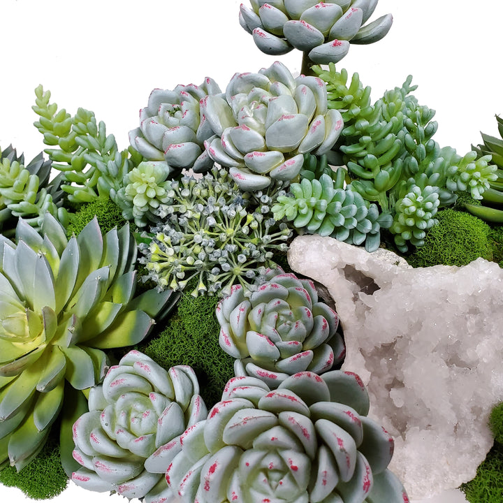 Mixed Succulents, Donkey Tails and Sedum with Natural Crystal in Tray 9"H