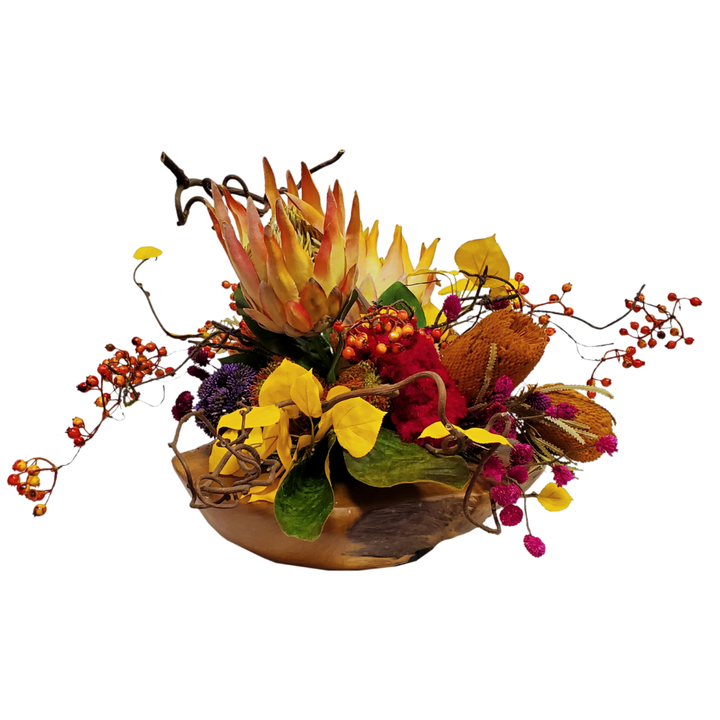 King Protea, Dried Banksia, Sponge Mushrooms, Allium and Berries in Bowl 14"H