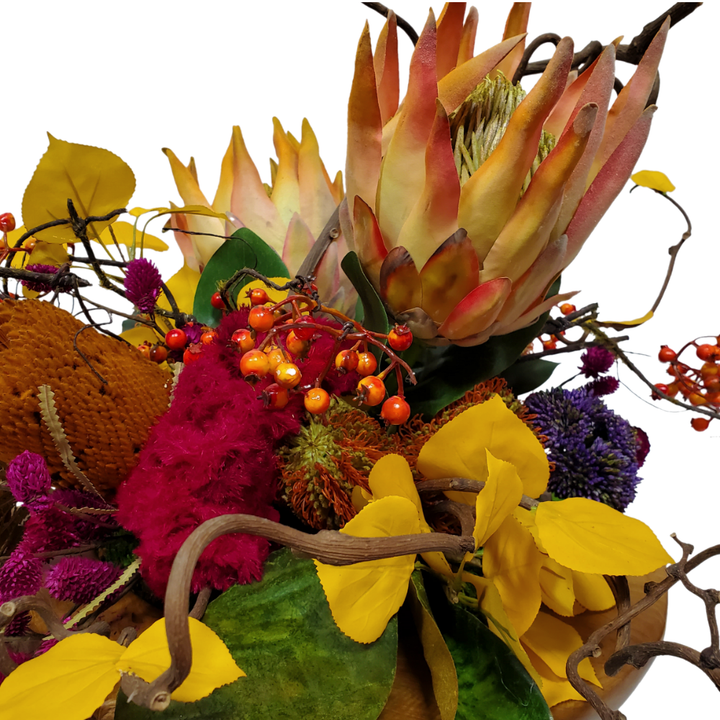 King Protea, Dried Banksia, Sponge Mushrooms, Allium and Berries in Bowl 14"H