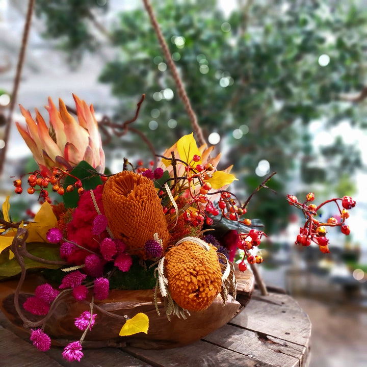 King Protea, Dried Banksia, Sponge Mushrooms, Allium and Berries in Bowl 14"H