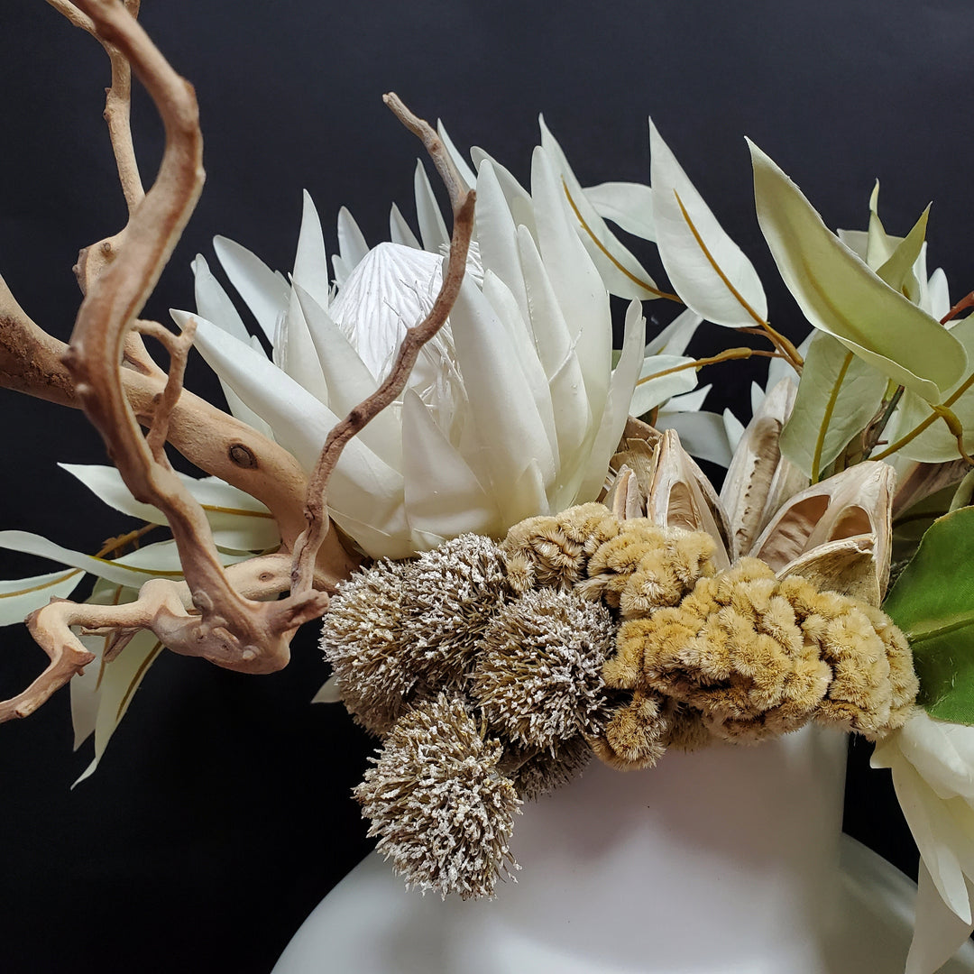 Protea, Coxcomb, Sora Pods, Eucalyptus Leaves, Allium and Manzanita Branch in Ceramic 30"H