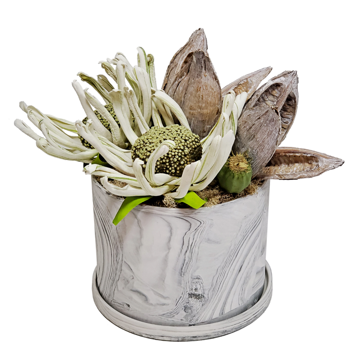 Foam Flowers, Dried Sora Pods and Pods in Ceramic 9"H