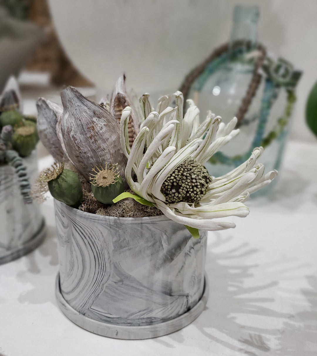 Foam Flowers, Dried Sora Pods and Pods in Ceramic 9"H