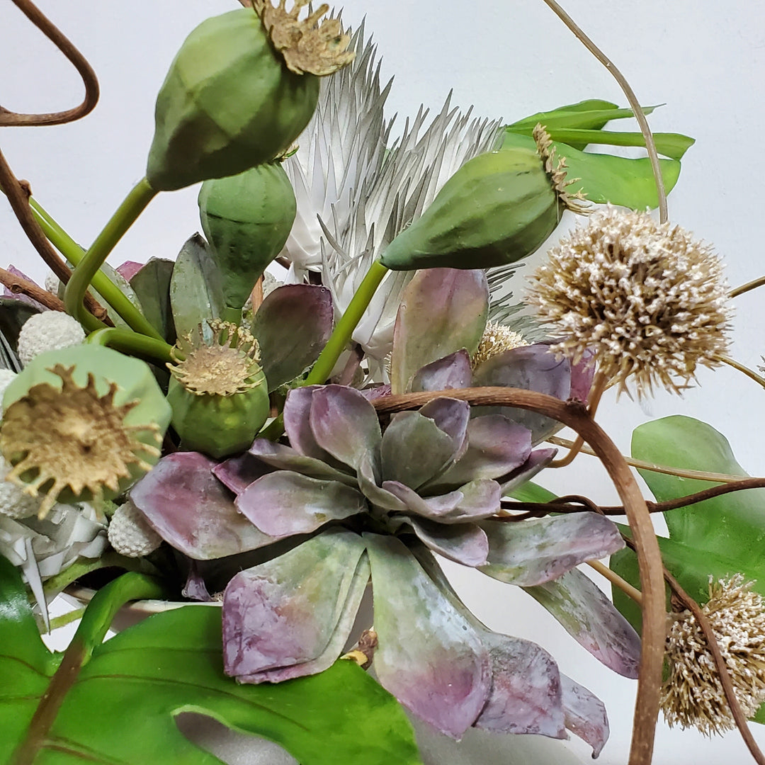 Philo Leaves, Pods, Foam Flowers and Kiwi in Ceramic 22"H