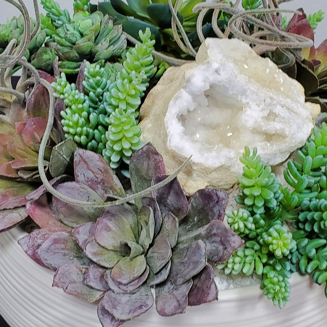 Succulents and Tillandsia with Geode and Pebbles in Ceramic 12"H