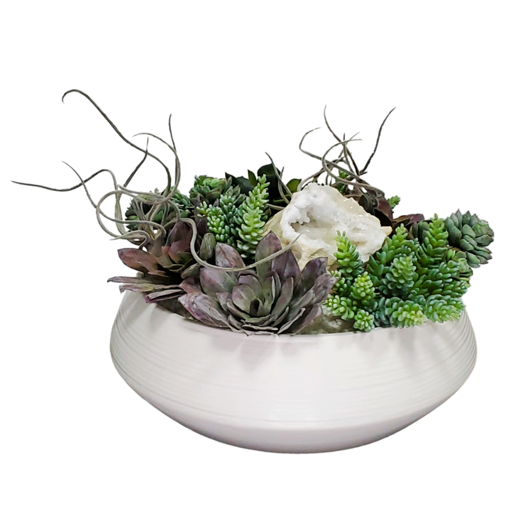 Succulents and Tillandsia with Geode and Pebbles in Ceramic 12"H