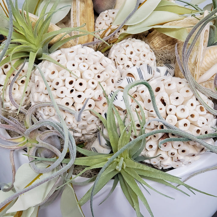 Tillandsia, Natural Cream Spheres, Sage Leaves and Sora Pods in Ceramic 16"H