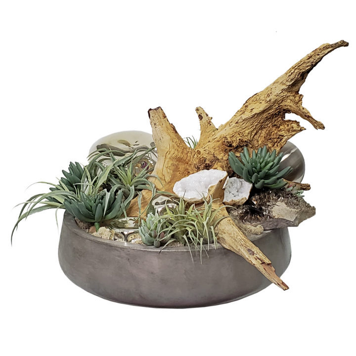 Mercury Glass, Geodes, Driftwood, Succulents, Sphere and Rocks in Bowl 25"H