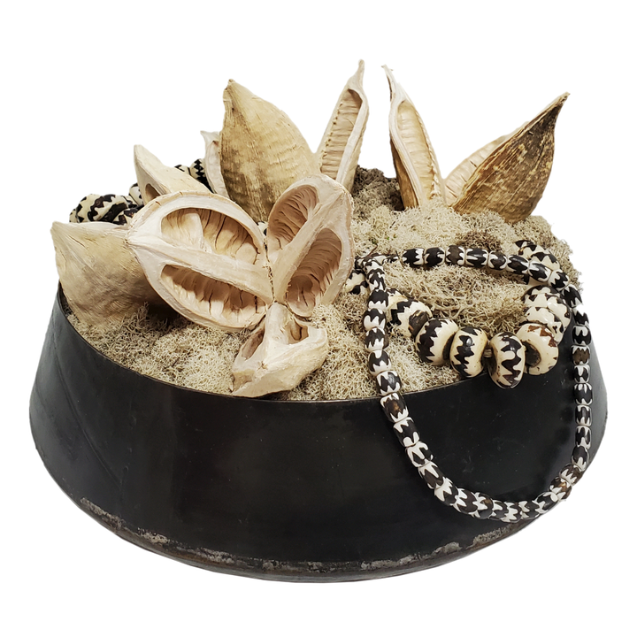 African Beads with Sora Pods and Reindeer Moss in Bowl 8"H