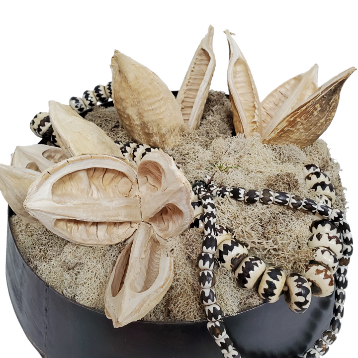 African Beads with Sora Pods and Reindeer Moss in Bowl 8"H