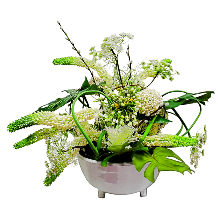 Foxtail Lily, Protea, Agapanthus, Pussy Willow and Queen Anne's Lace with Leaves in Ceramic 26"H