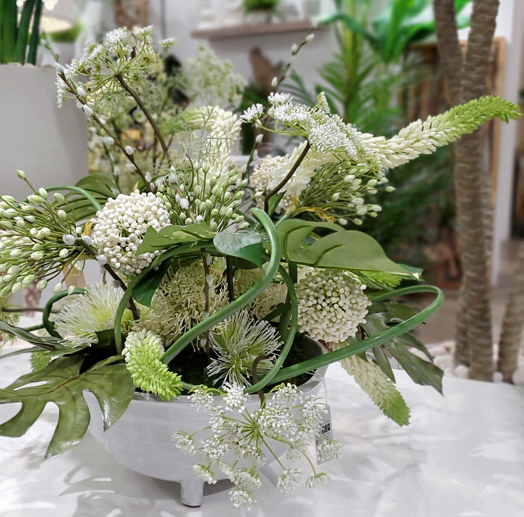 Foxtail Lily, Protea, Agapanthus, Pussy Willow and Queen Anne's Lace with Leaves in Ceramic 26"H