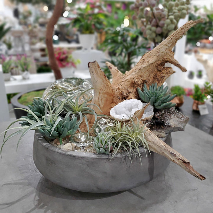 Mercury Glass, Geodes, Driftwood, Succulents, Sphere and Rocks in Bowl 25"H