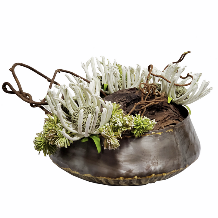 Foam Flowers, Wood Fragment, Pom Poms and Kiwi in Bowl 11"H