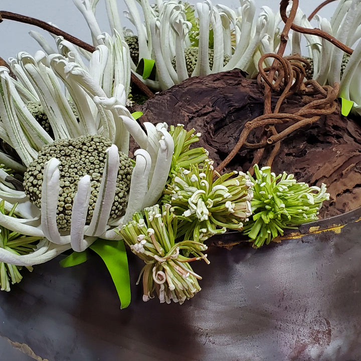 Foam Flowers, Wood Fragment, Pom Poms and Kiwi in Bowl 11"H