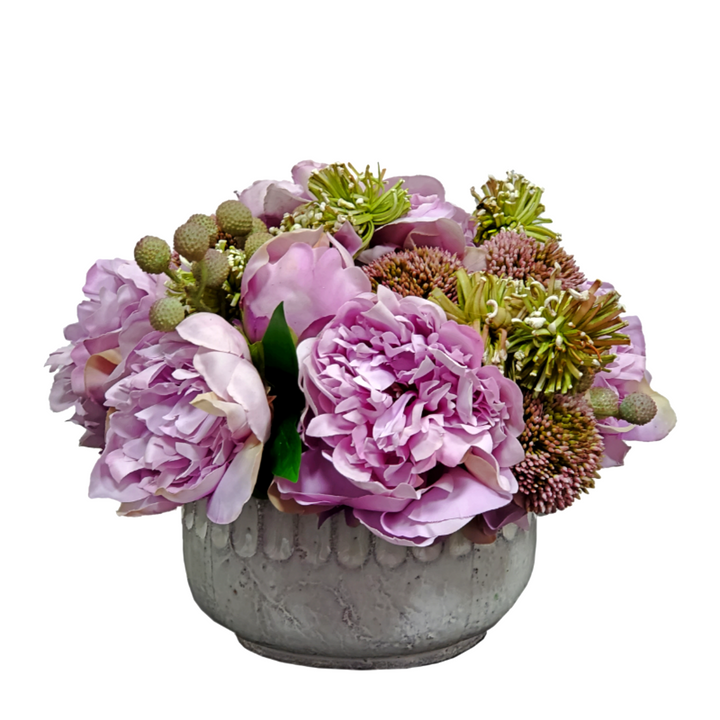 Peonies, Sedum, and Pom Poms in Ceramic. 9"H