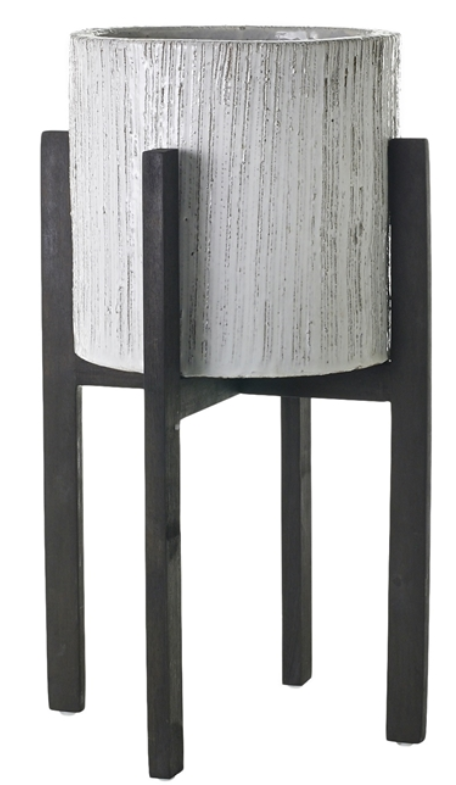 White Ribbed Round Ceramic Planter on Wood Stand