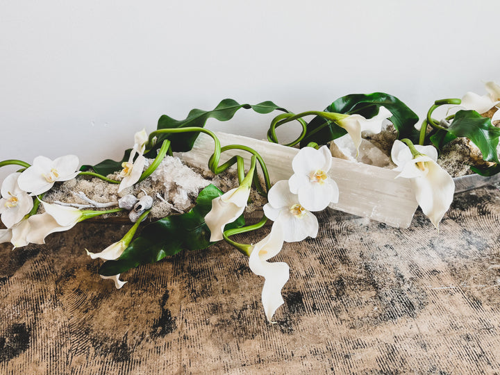 White Lilies and Orchids with Ferns in Silver Boat Vessel