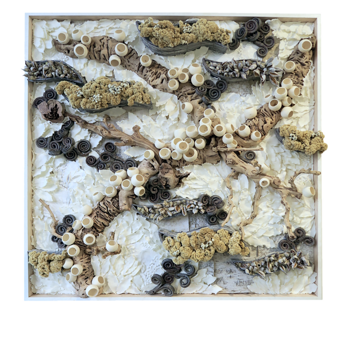 Wall Art with Dried Preserved Elements and Botanical Impressions in Wood Frame