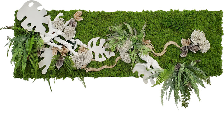 Organic Wall Art with Italian Ceramic Tropical Leaves, Ferns, Dried Pods, Foam Flowers and Moss 28"H