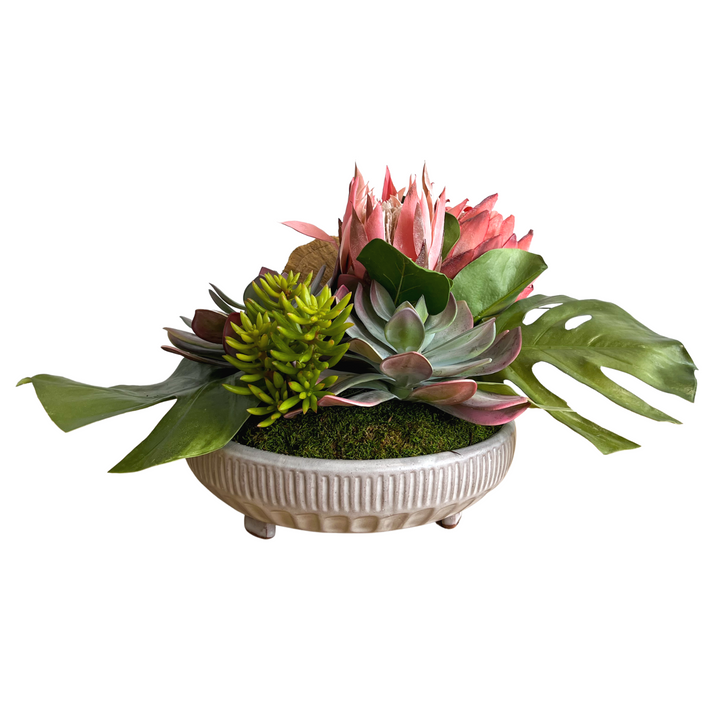 Protea with Succulents and Tropical Leaves in Ceramic