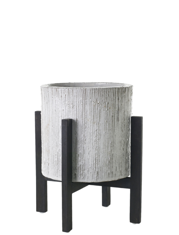 White Ribbed Round Ceramic Planter on Wood Stand