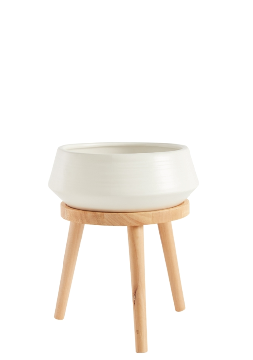 White Ceramic Bowl on Wood Stand