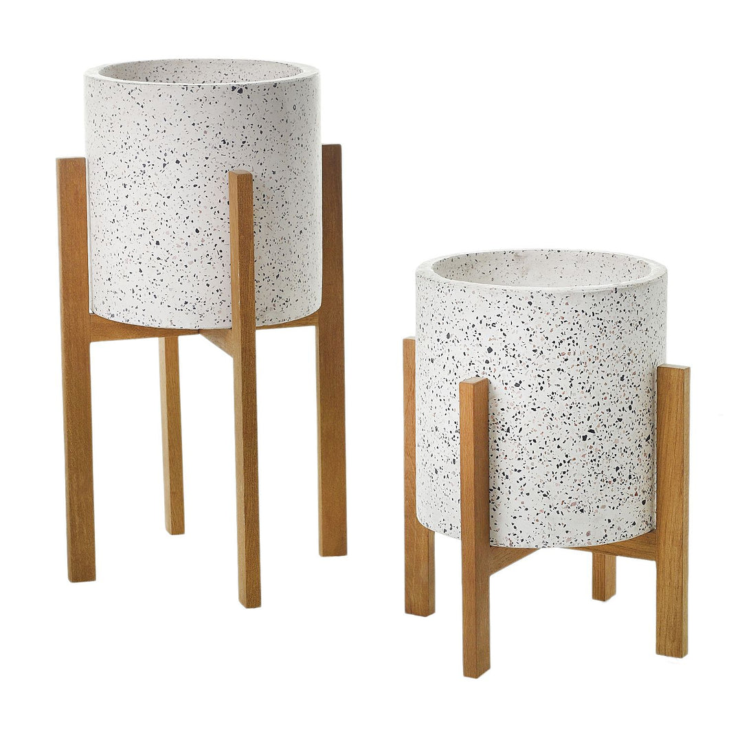 White Terrazzo Round Planter on Wood Stand