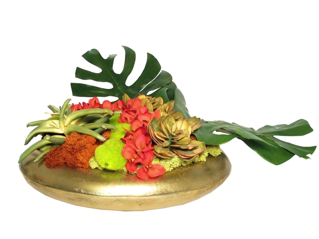 Orchids with Succulents and Tropical Leaves in Bowl