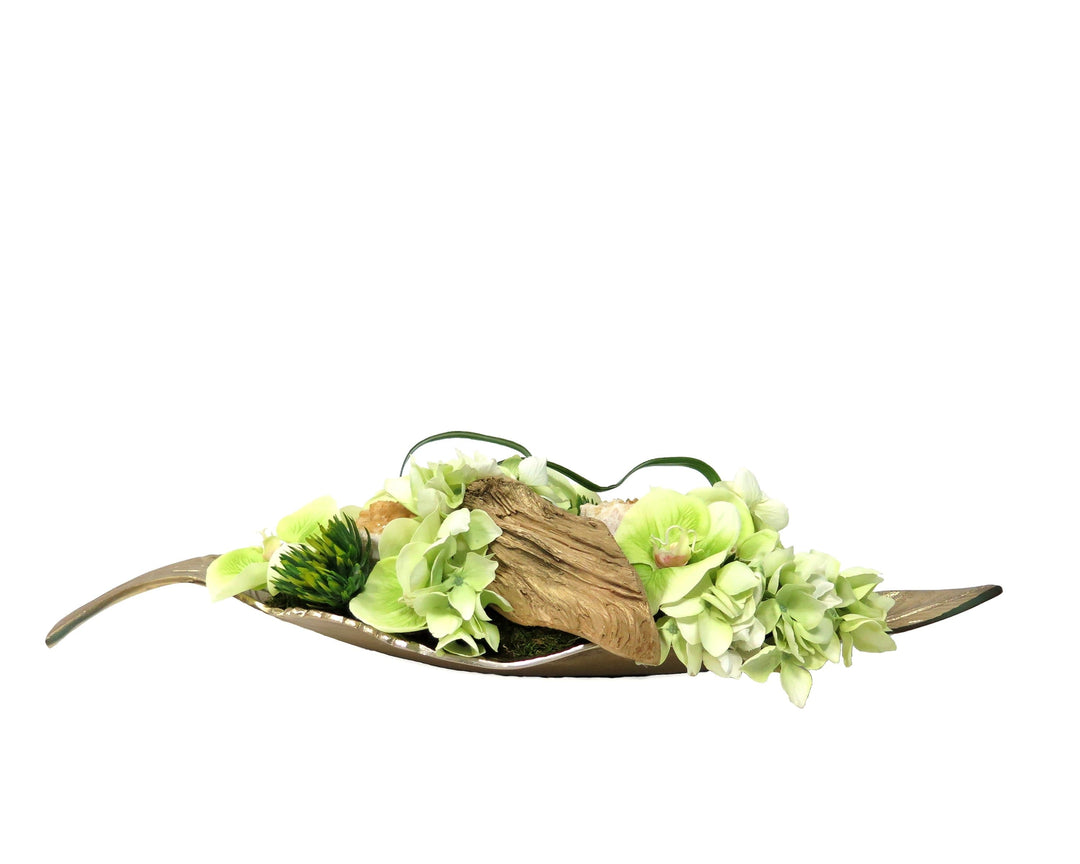 Orchids and Hydrangeas with Wood Remnant in Tray