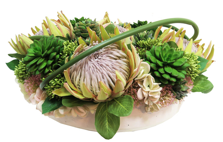 King Protea with Succulents and Hydrangeas in Ceramic