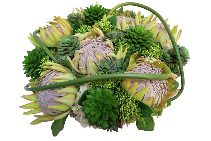 King Protea with Succulents and Hydrangeas in Ceramic