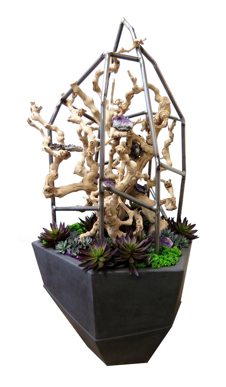 Sculpture with Grapewood and Mixed Succulents in Planter