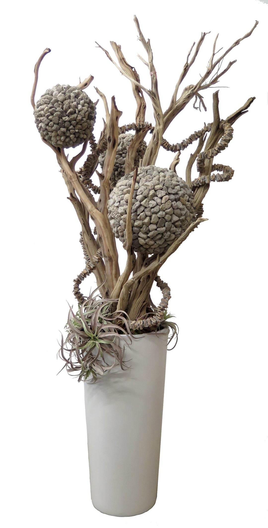 Rock Balls and Wooden Garland on Ghostwood Branches with Succulents in Planter