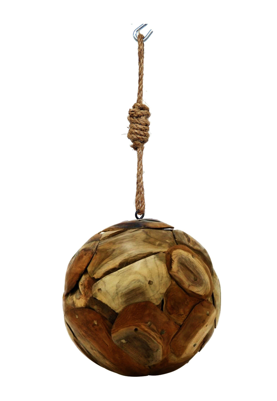 Hanging Teakwood Ball with Knotted Rope - Large