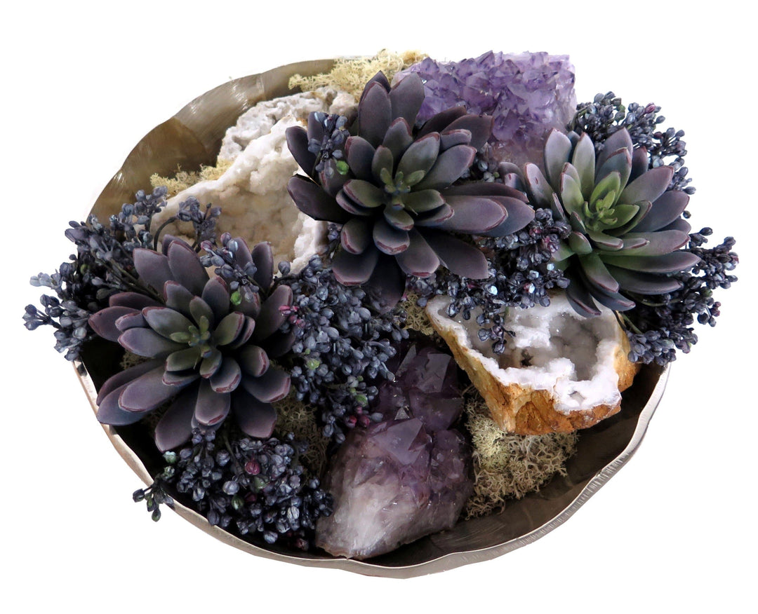 Succulents with Amethyst and Geodes in Bowl