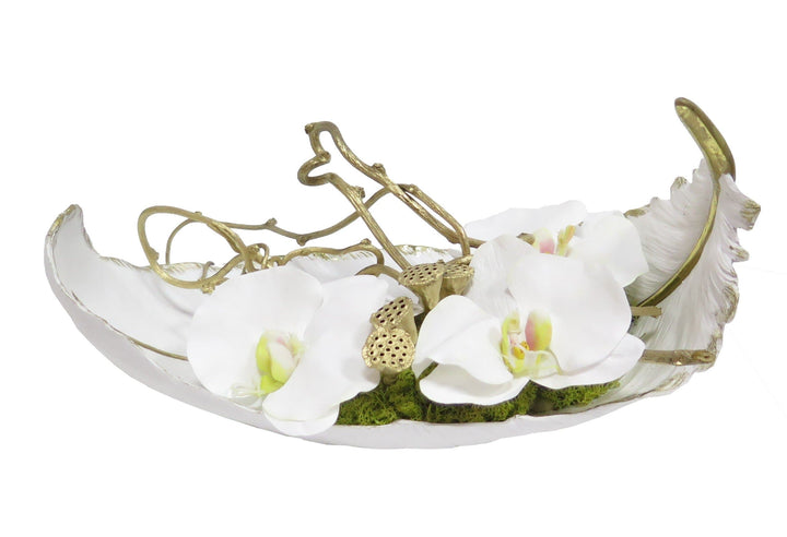 Orchids with Gold Lotus Pods and Kiwi Vine in Tray