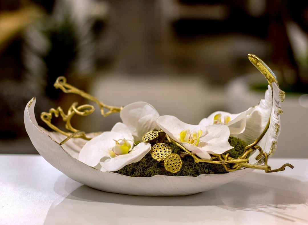 Orchids with Gold Lotus Pods and Kiwi Vine in Tray