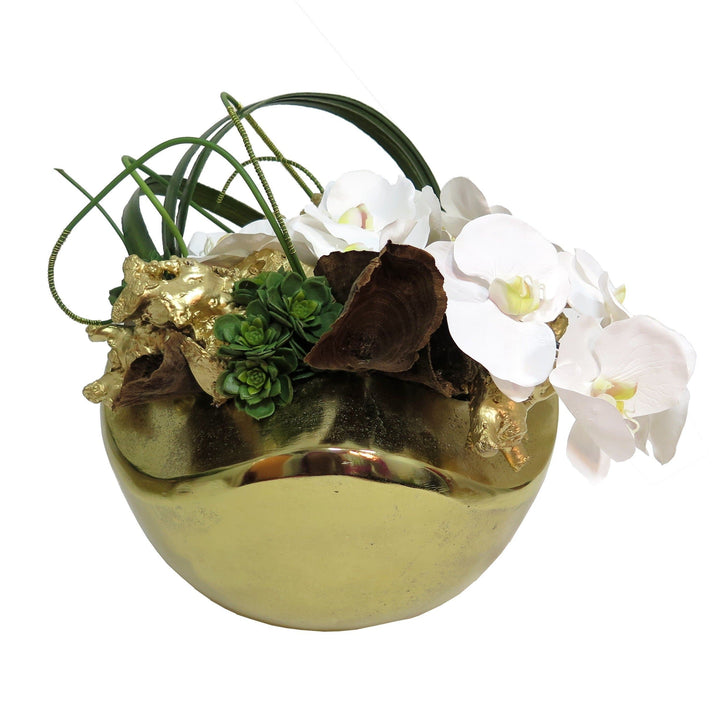 Orchids with Wood Fragment and Looped Leaves in Bowl